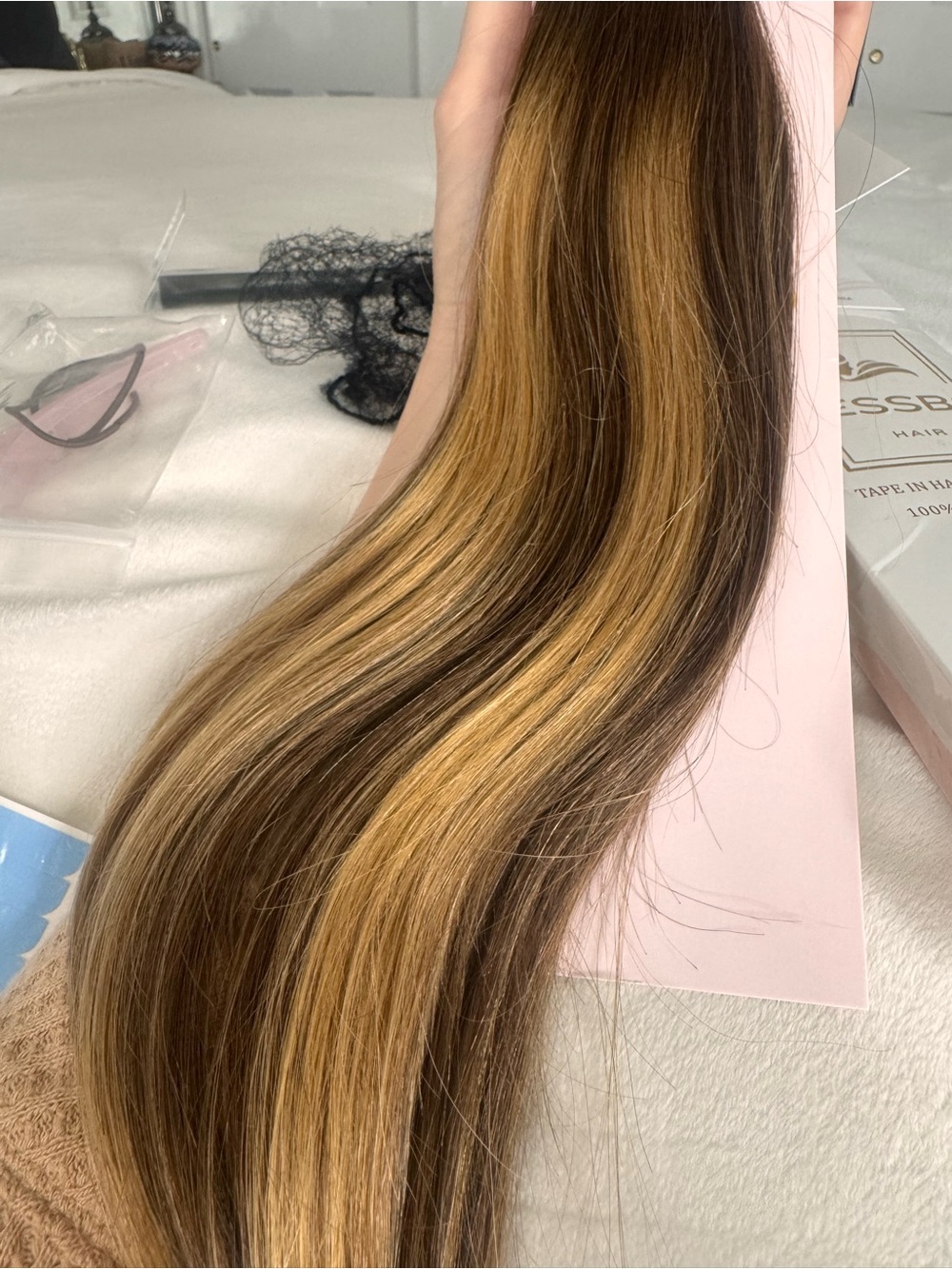 Jessbo Tape-In Human Hair Extensions - Dark Brown with Caramel Highlights - Picture 7 of 11
